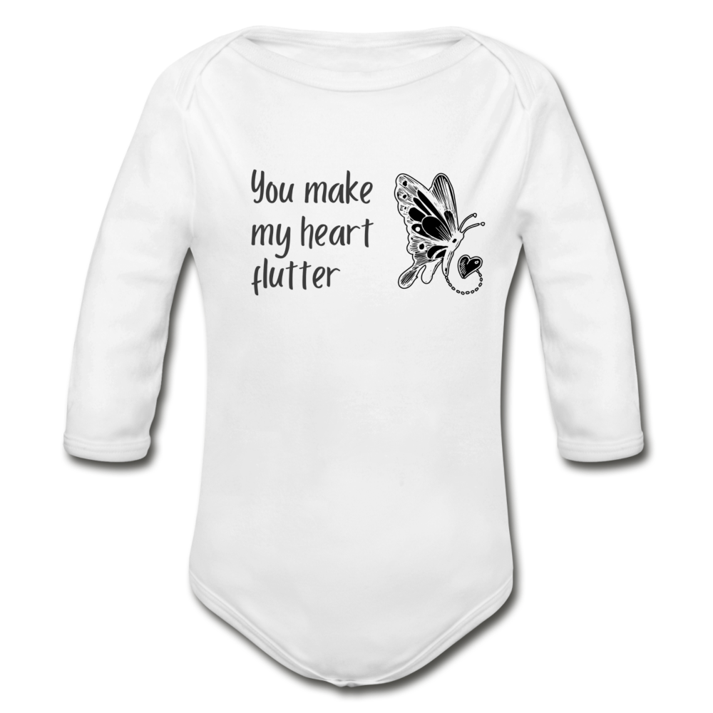 "You Make My Heart Flutter" Organic Long Sleeve Onesie - white