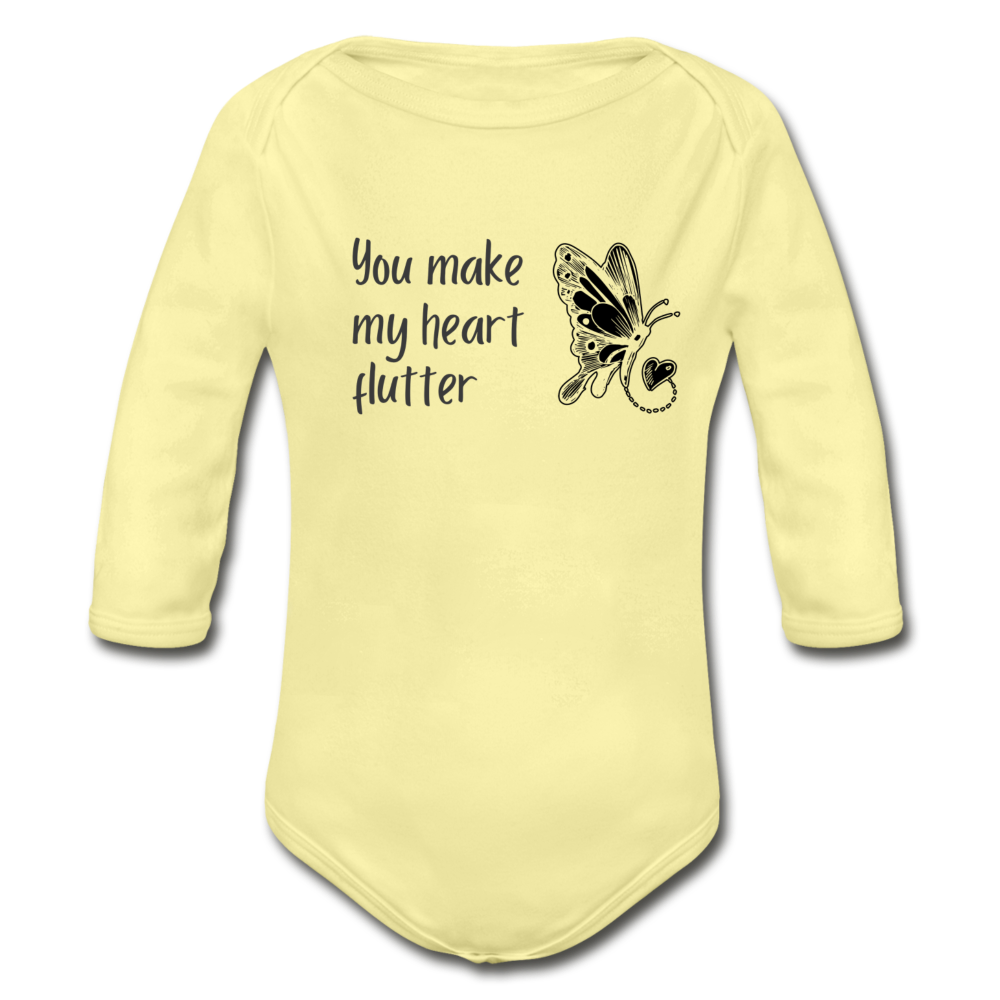 "You Make My Heart Flutter" Organic Long Sleeve Onesie - washed yellow