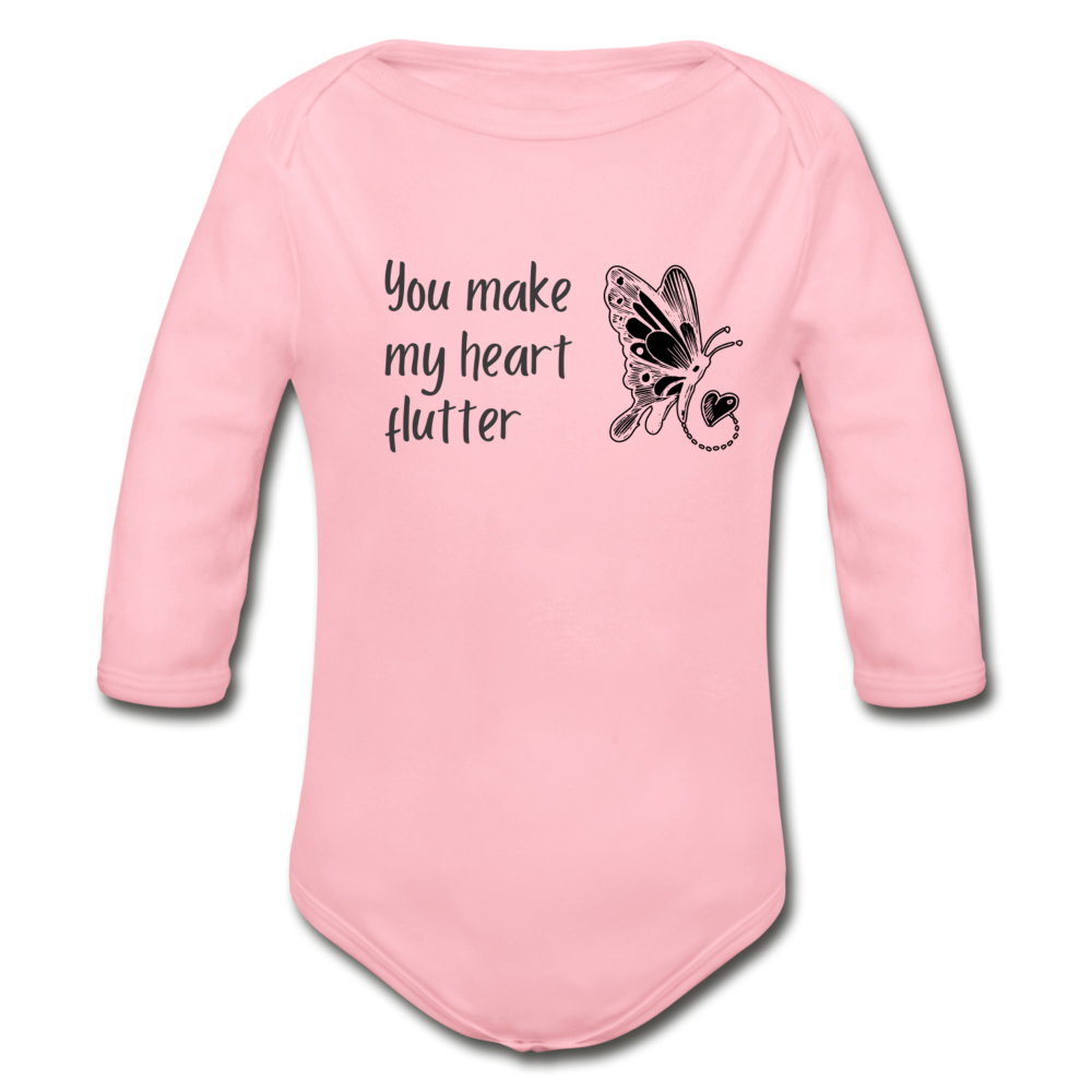 "You Make My Heart Flutter" Organic Long Sleeve Onesie - light pink