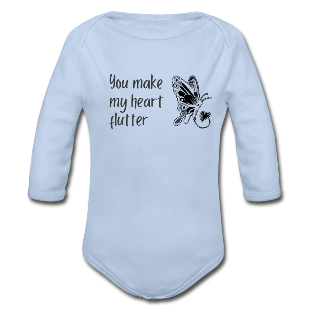 "You Make My Heart Flutter" Organic Long Sleeve Onesie - sky