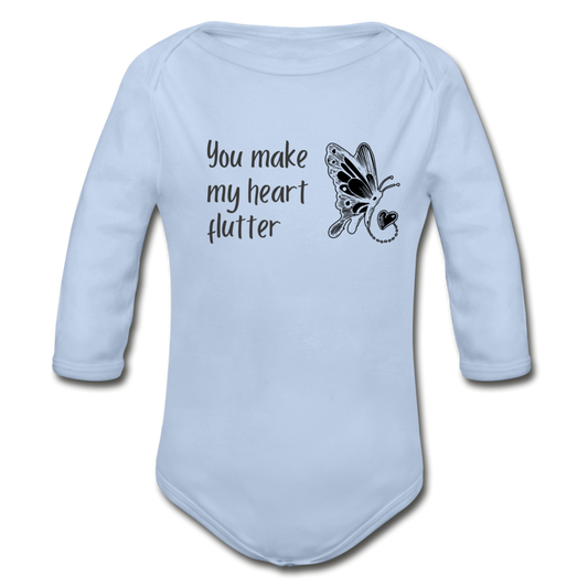 "You Make My Heart Flutter" Organic Long Sleeve Onesie - sky