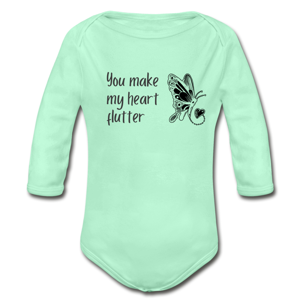 "You Make My Heart Flutter" Organic Long Sleeve Onesie - light mint