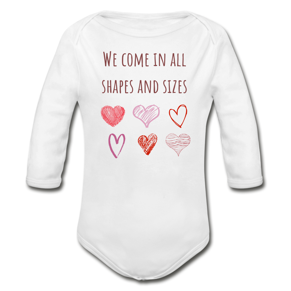 We Come in All Shapes And Sizes Organic Long Sleeve Baby Onesie | Hearts - white