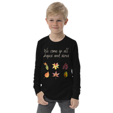 Load image into Gallery viewer, We come in all shapes and sizes long sleeve youth shirt - black - male model
