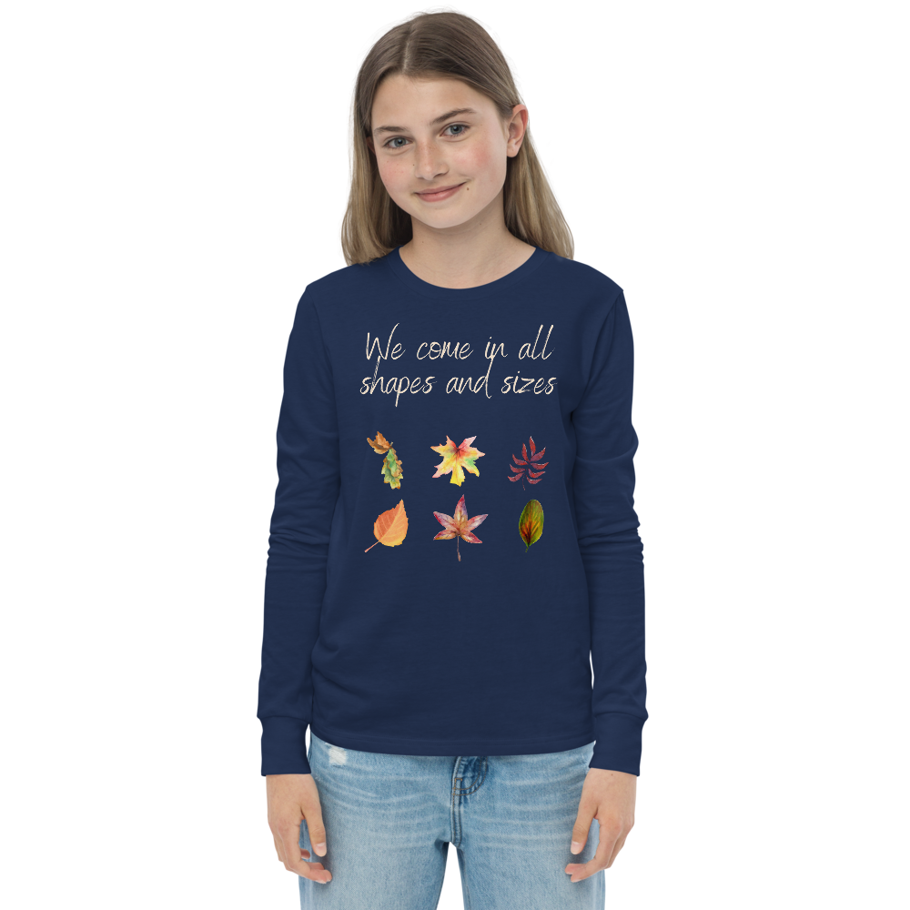 We come in all shapes and sizes long sleeve youth shirt - navy - female model