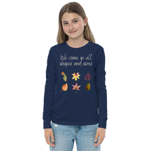 Load image into Gallery viewer, We come in all shapes and sizes long sleeve youth shirt - navy - female model
