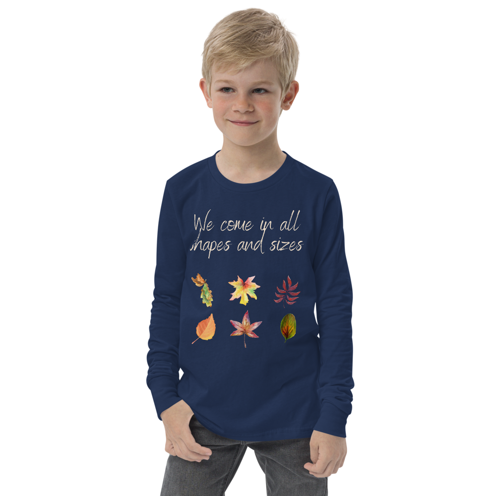 We come in all shapes and sizes long sleeve youth shirt fall nature themed- navy - boy model