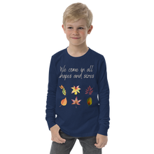 Load image into Gallery viewer, We come in all shapes and sizes long sleeve youth shirt fall nature themed- navy - boy model
